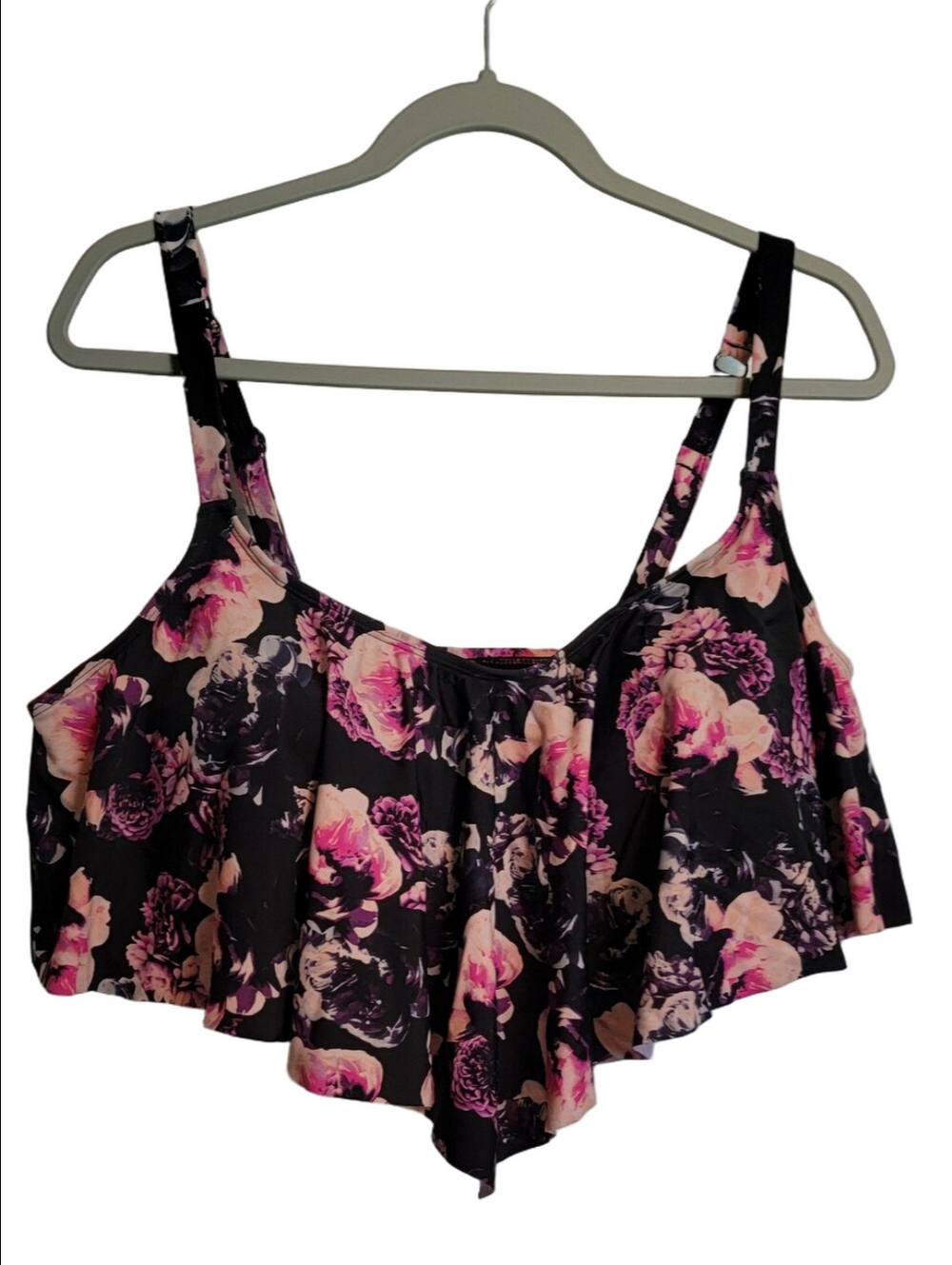 TORRID Wireless V-FLOUNCE Black Floral Bikini Top, Soft Cup Adjustable, Size 3